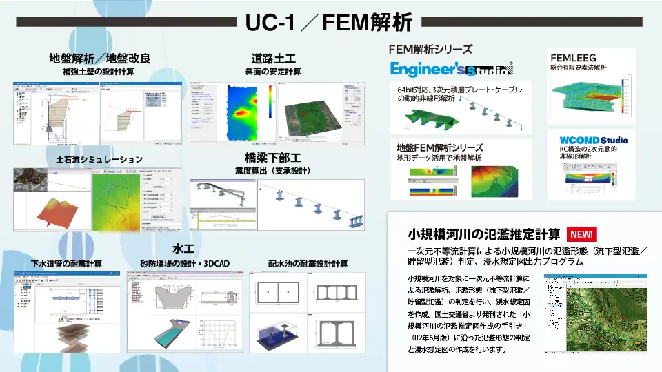 BIM/CIM対応、国土強靭化支援するUC-1土木設計計算・FEM解析ソフト